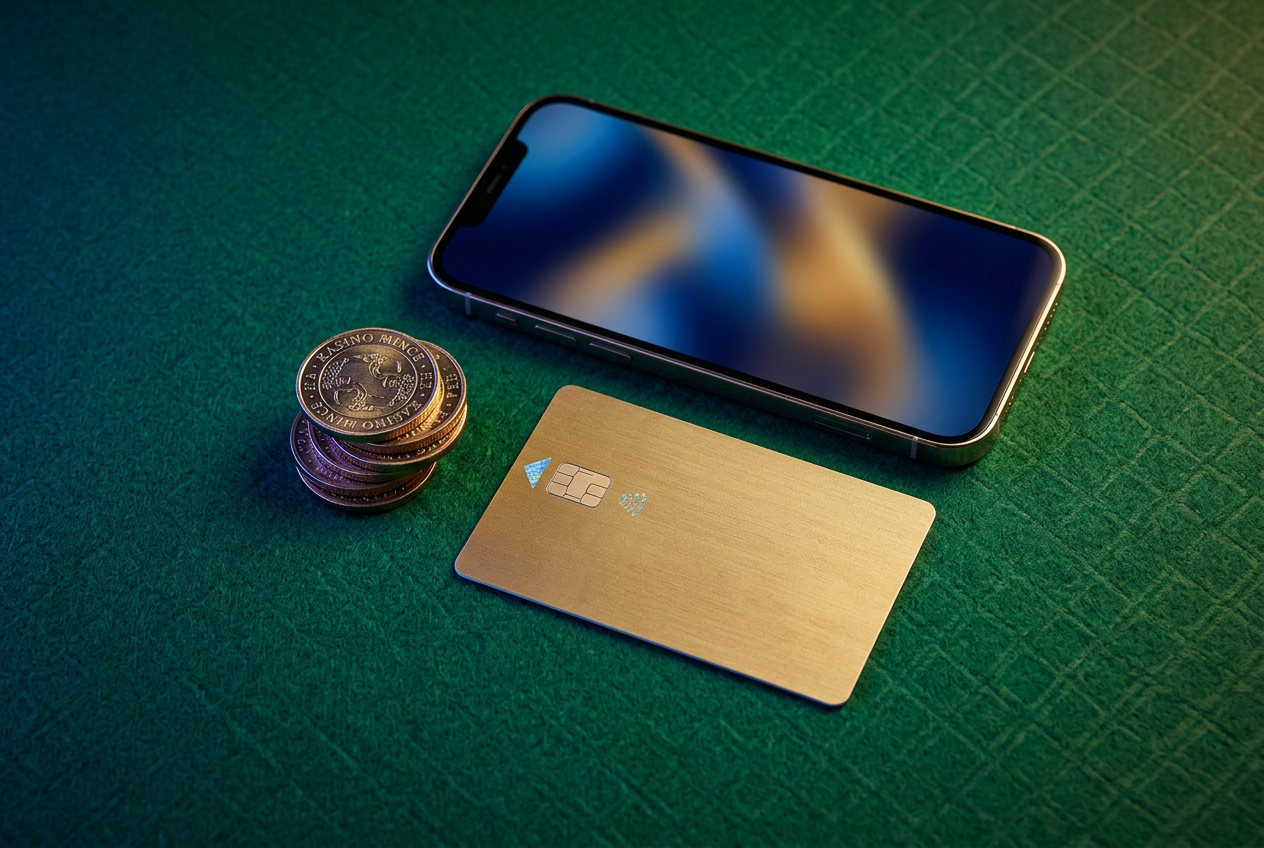 Stylizovaný detailní záběr na smartphone se svítícím displejem a neoznačenou platební kartu na pozadí kasinového sukna